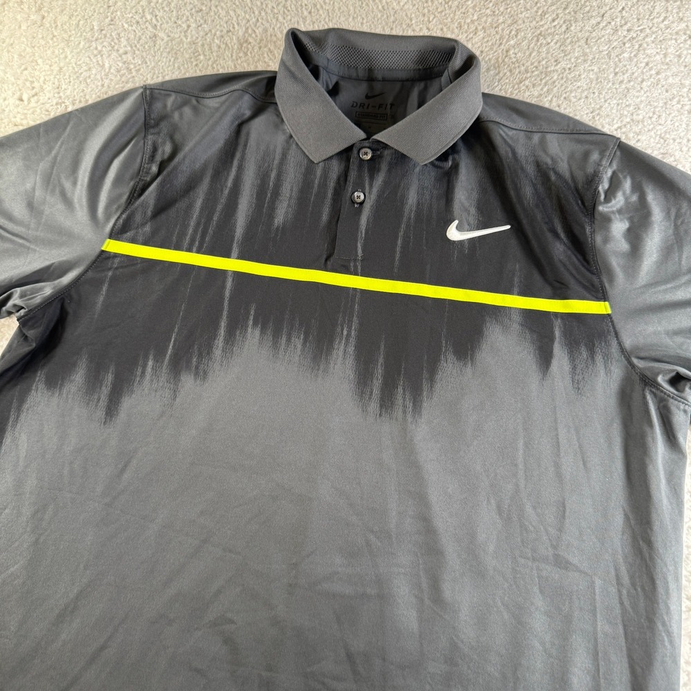 Nike Polo Shirt Mens Medium Gray Excellent Dri-FIT Short Sleeve Neon Stripe